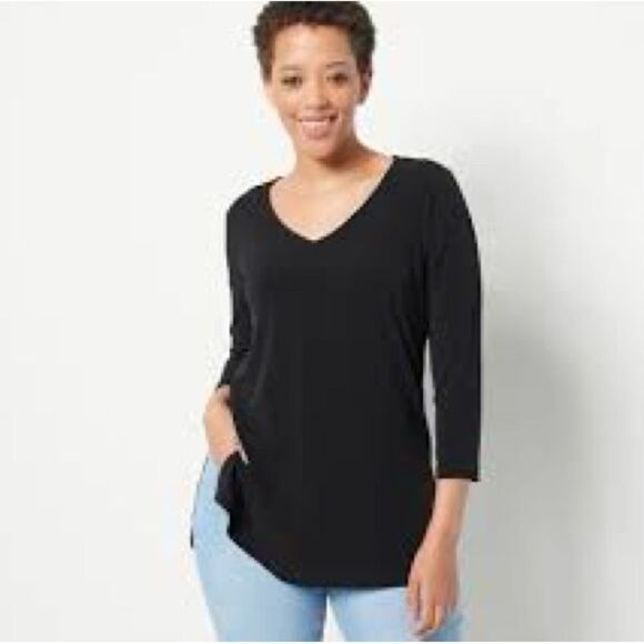 Susan Graver Black V Neck Ruched 3/4 Sleeve Top size 1X - Picture 1 of 5